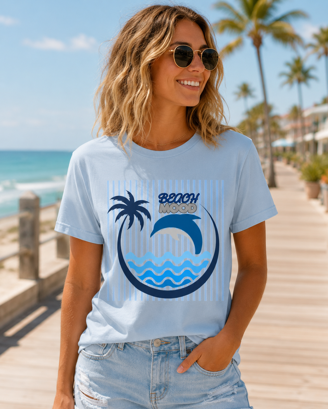 Beach Dolphin Wave T-Shirt — Palm Tree Ocean Graphic Tee