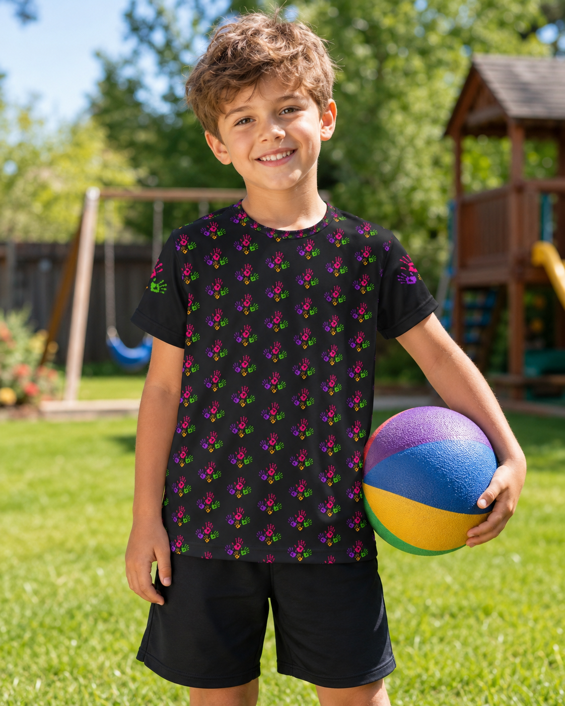 **Colorful Handprint Kids Active Shirt — All-Over Print Jersey**