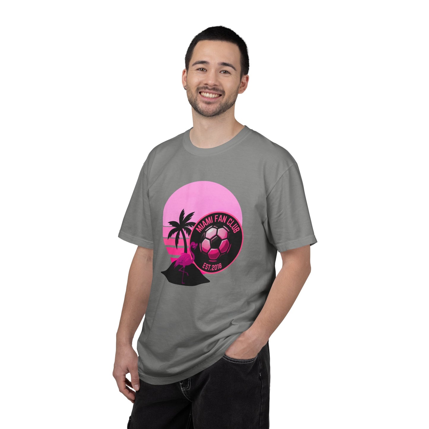 Miami Soccer Fan Club T-Shirt — Retro Pink Flamingo Game Day Tee