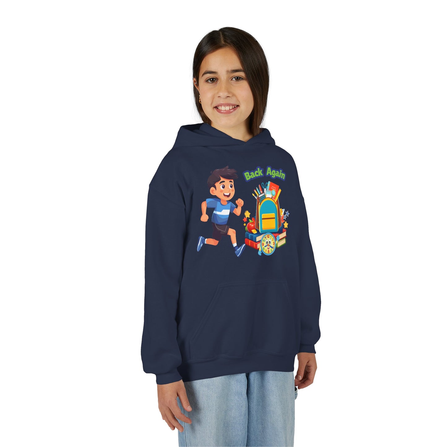 Kids "Back Again" School Backpack Hoodie — Youth Back-to-School Sweatshirt