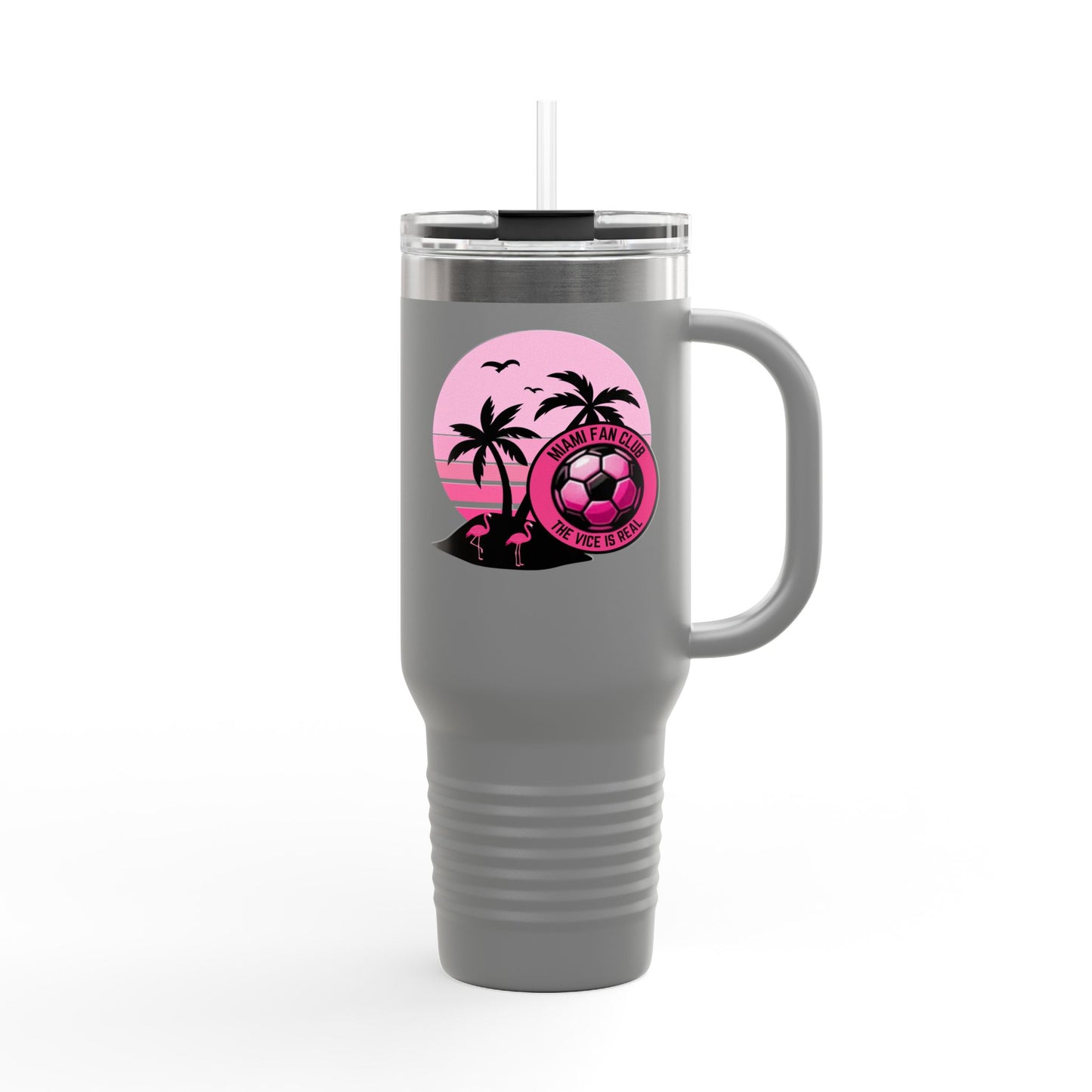 Miami Fan Club Soccer 40oz Insulated Travel Mug — Tropical Pink Sports Tumbler with Handle