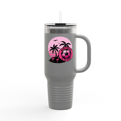 Miami Fan Club Soccer 40oz Insulated Travel Mug — Tropical Pink Sports Tumbler with Handle