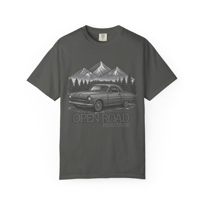 Vintage Open Road Heritage Classic Car Tee — Retro Mountain Driving