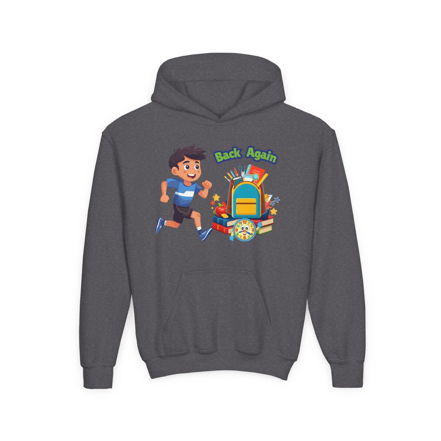 Kids "Back Again" School Backpack Hoodie — Youth Back-to-School Sweatshirt
