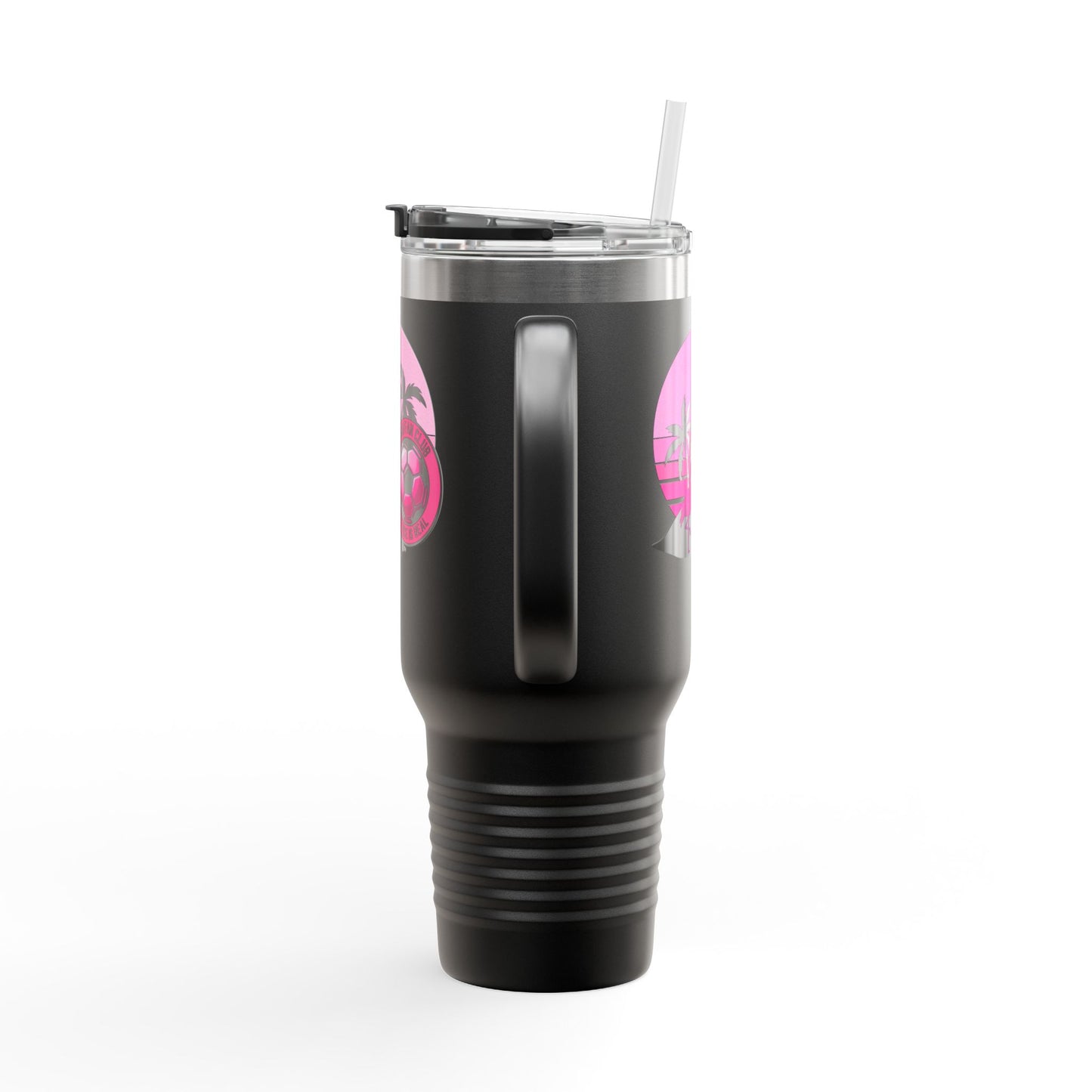 Miami Fan Club Soccer 40oz Insulated Travel Mug — Tropical Pink Sports Tumbler with Handle