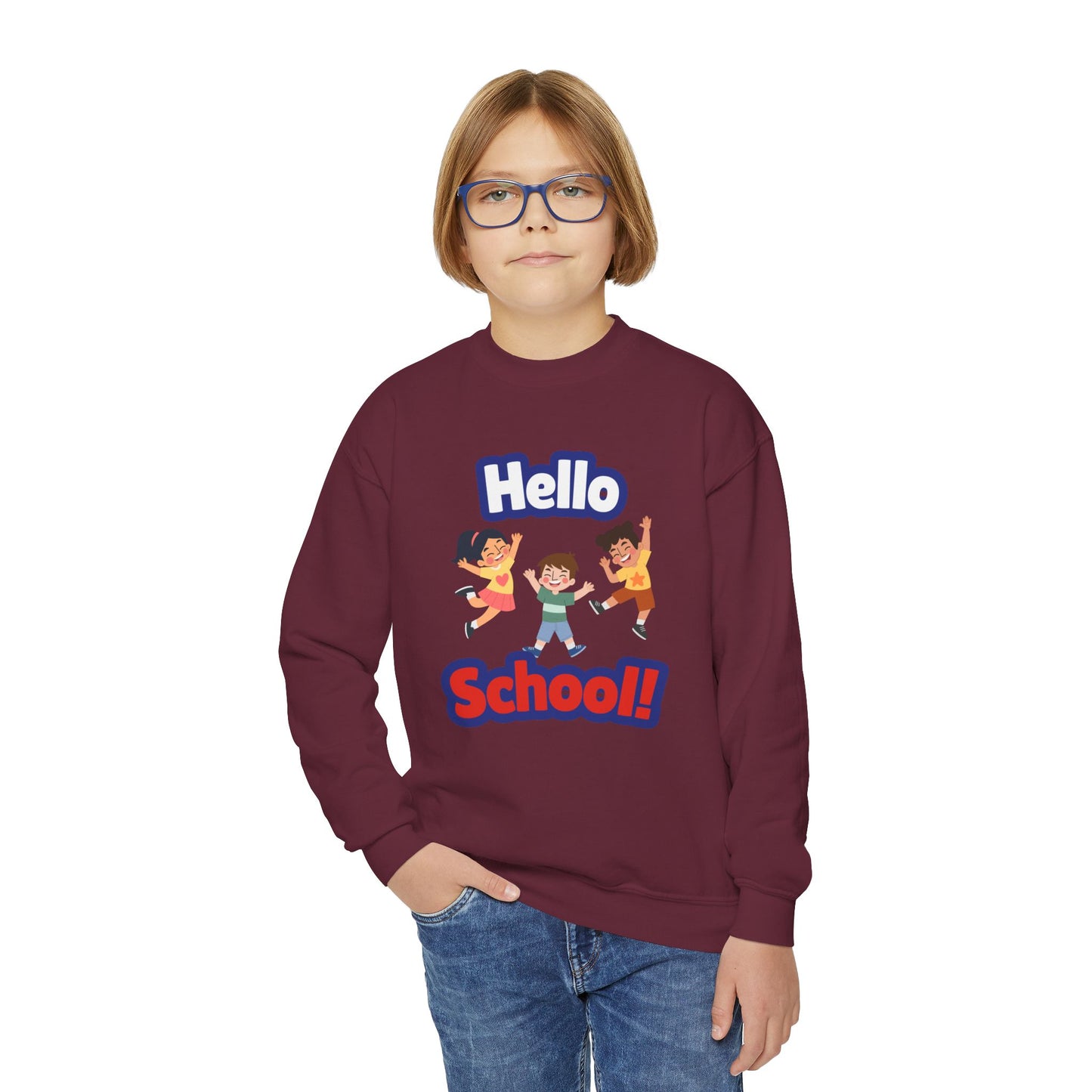 Youth Crewneck Sweatshirt – "Hello School!" Kids Back-to-School Graphic Sweatshirt