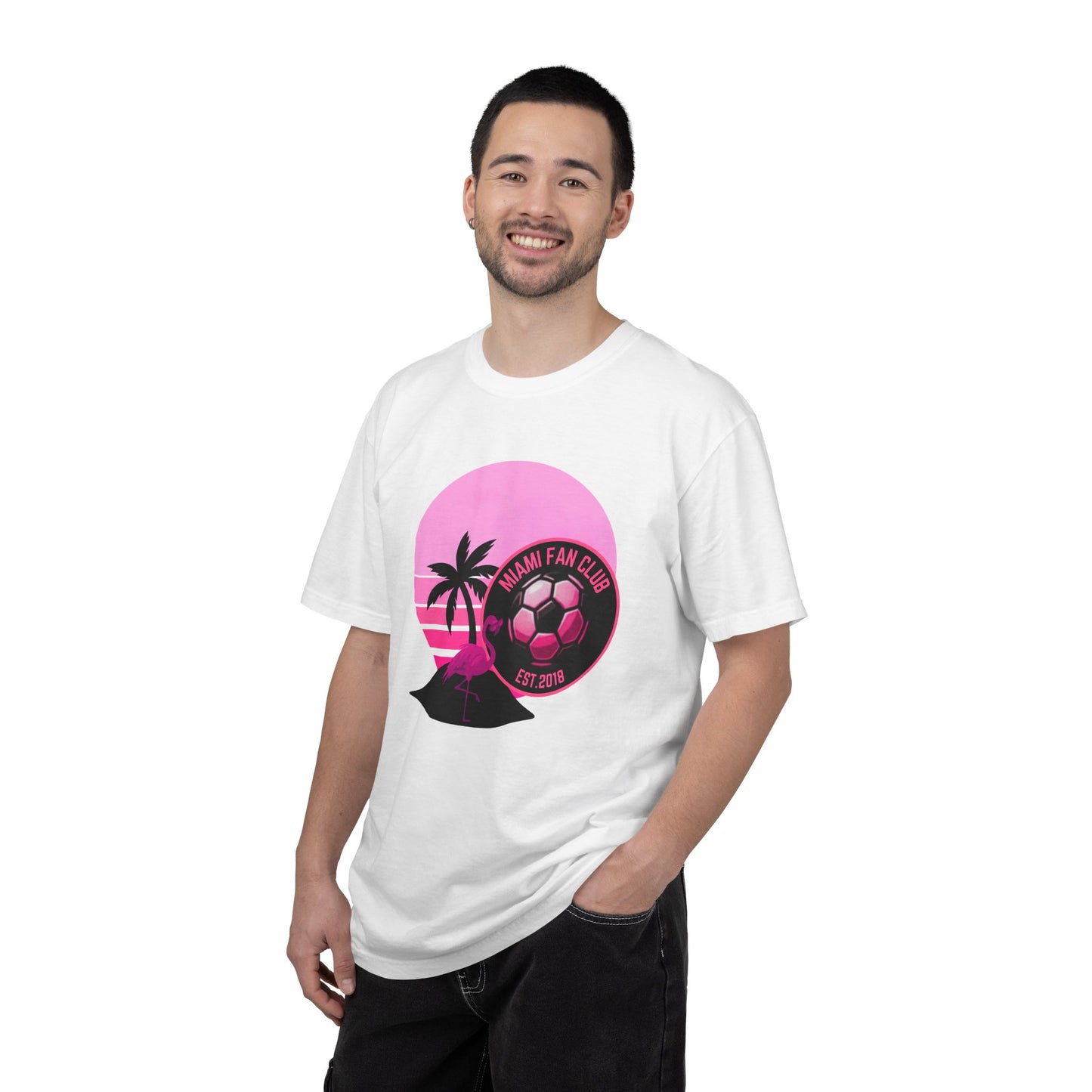 Miami Soccer Fan Club T-Shirt — Retro Pink Flamingo Game Day Tee