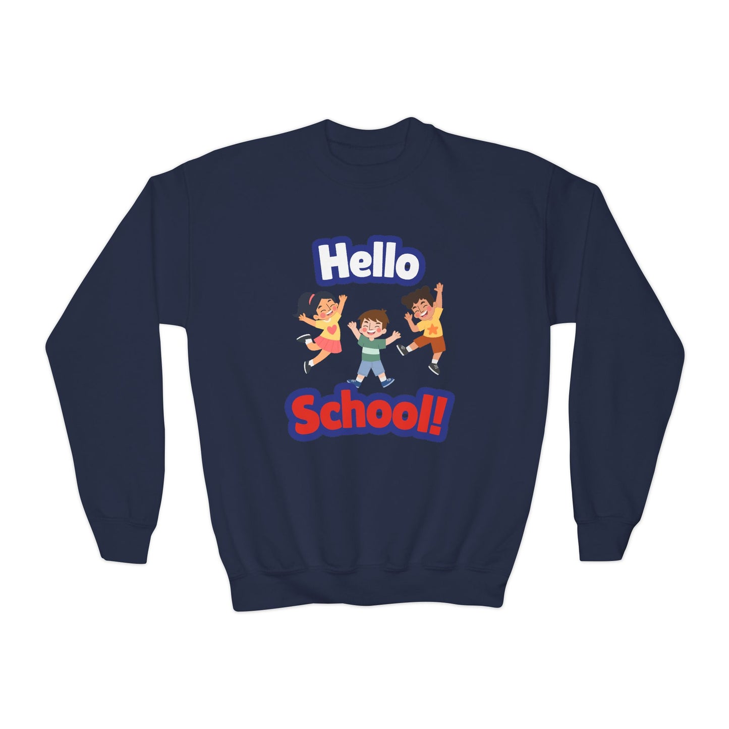 Youth Crewneck Sweatshirt – "Hello School!" Kids Back-to-School Graphic Sweatshirt