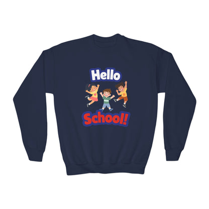 Youth Crewneck Sweatshirt – "Hello School!" Kids Back-to-School Graphic Sweatshirt