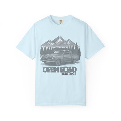 Vintage Open Road Heritage Classic Car Tee — Retro Mountain Driving