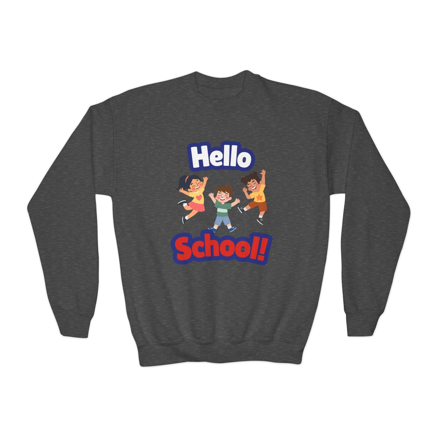 Youth Crewneck Sweatshirt – "Hello School!" Kids Back-to-School Graphic Sweatshirt