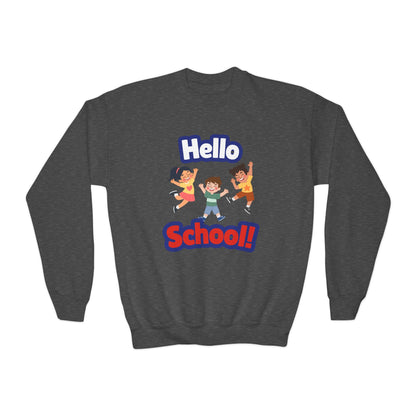 Youth Crewneck Sweatshirt – "Hello School!" Kids Back-to-School Graphic Sweatshirt