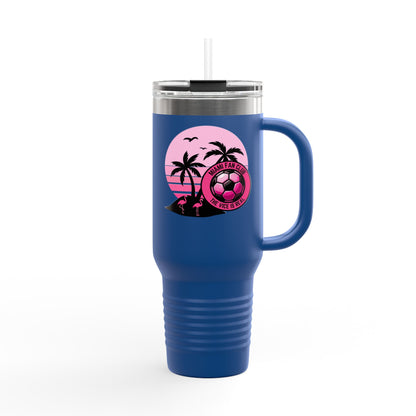 Miami Fan Club Soccer 40oz Insulated Travel Mug — Tropical Pink Sports Tumbler with Handle