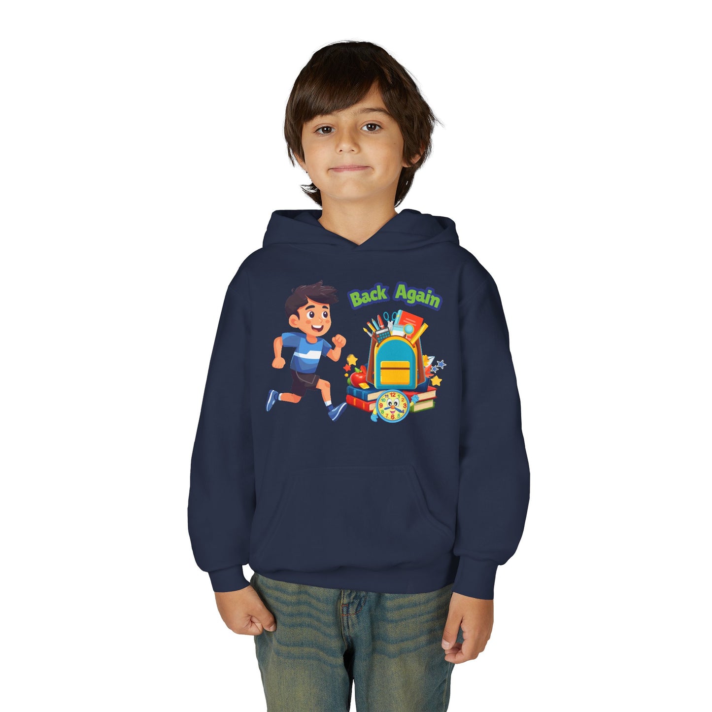 Kids "Back Again" School Backpack Hoodie — Youth Back-to-School Sweatshirt
