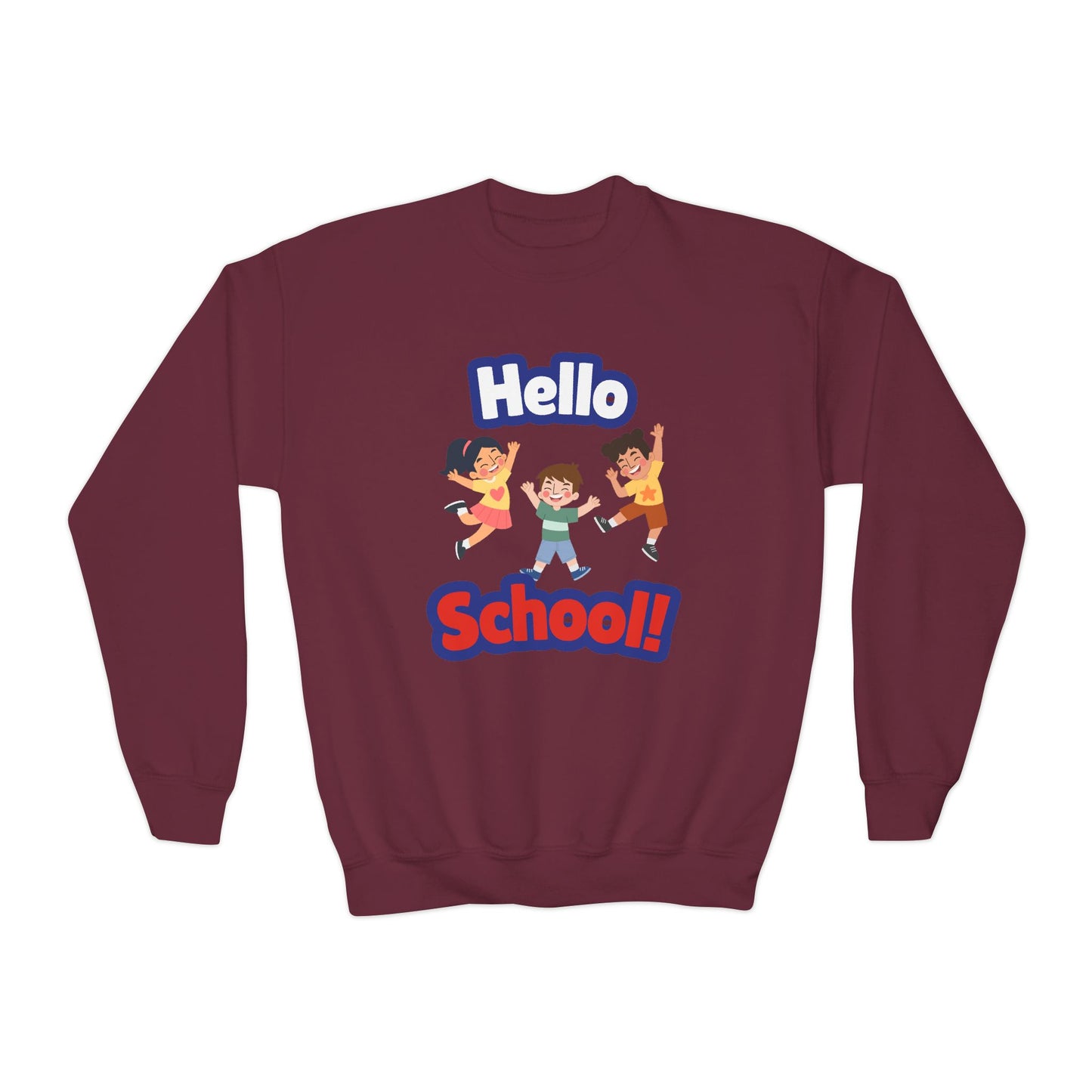 Youth Crewneck Sweatshirt – "Hello School!" Kids Back-to-School Graphic Sweatshirt