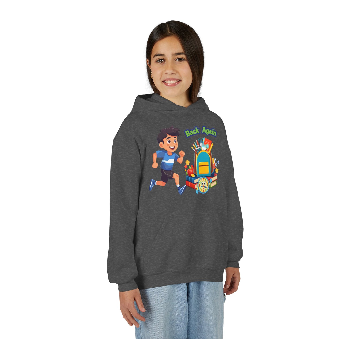 Kids "Back Again" School Backpack Hoodie — Youth Back-to-School Sweatshirt