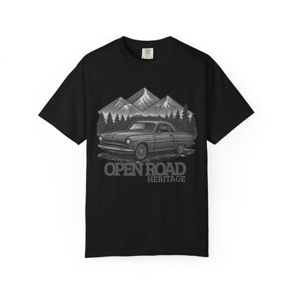 Vintage Open Road Heritage Classic Car Tee — Retro Mountain Driving