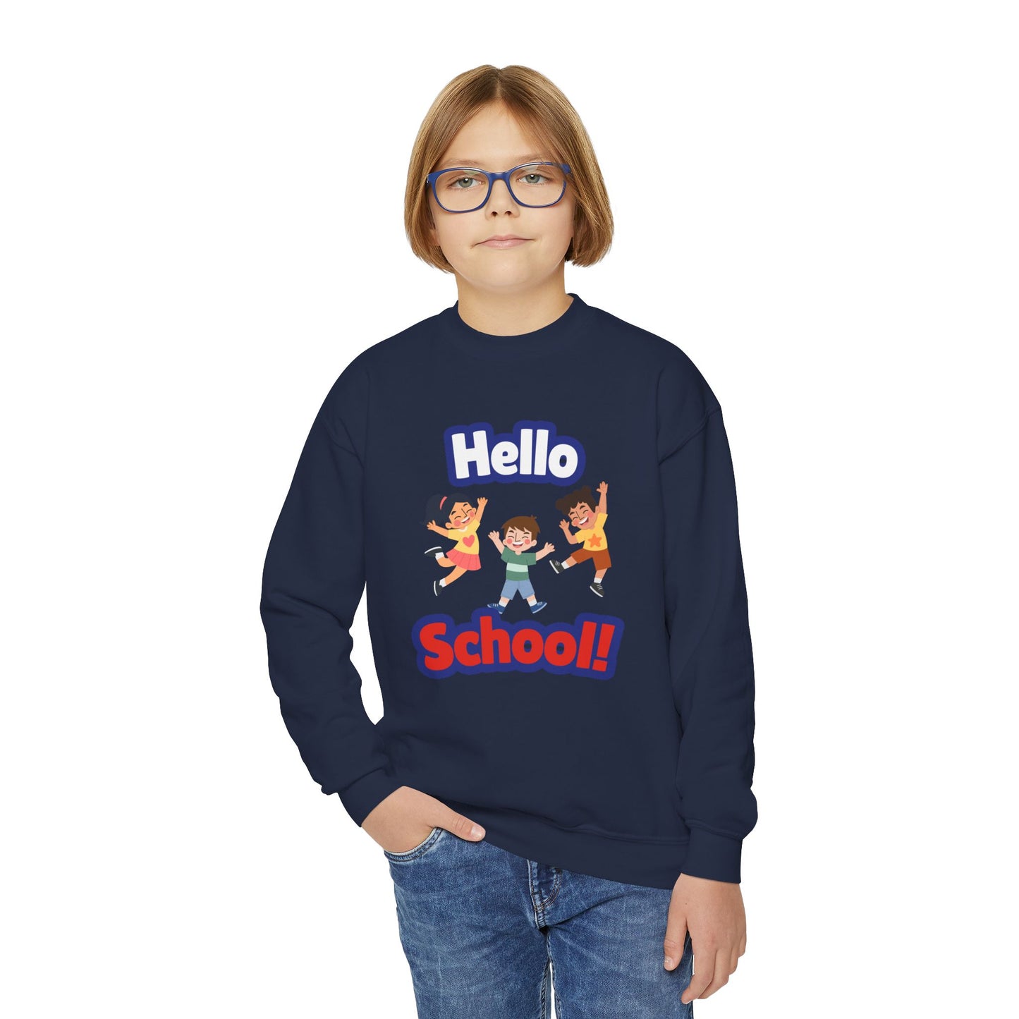 Youth Crewneck Sweatshirt – "Hello School!" Kids Back-to-School Graphic Sweatshirt