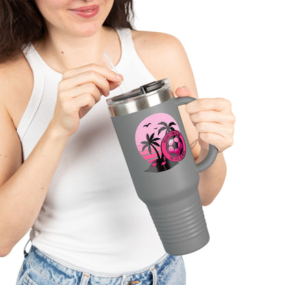 Miami Fan Club Soccer 40oz Insulated Travel Mug — Tropical Pink Sports Tumbler with Handle