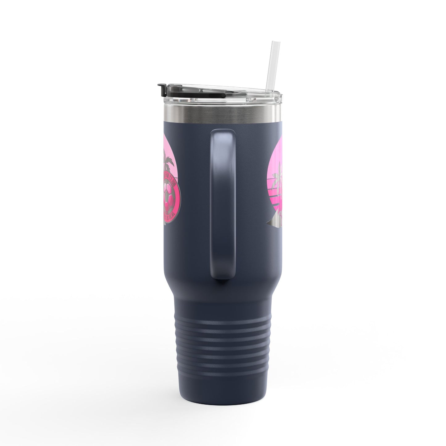 Miami Fan Club Soccer 40oz Insulated Travel Mug — Tropical Pink Sports Tumbler with Handle