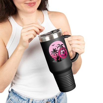 Miami Fan Club Soccer 40oz Insulated Travel Mug — Tropical Pink Sports Tumbler with Handle
