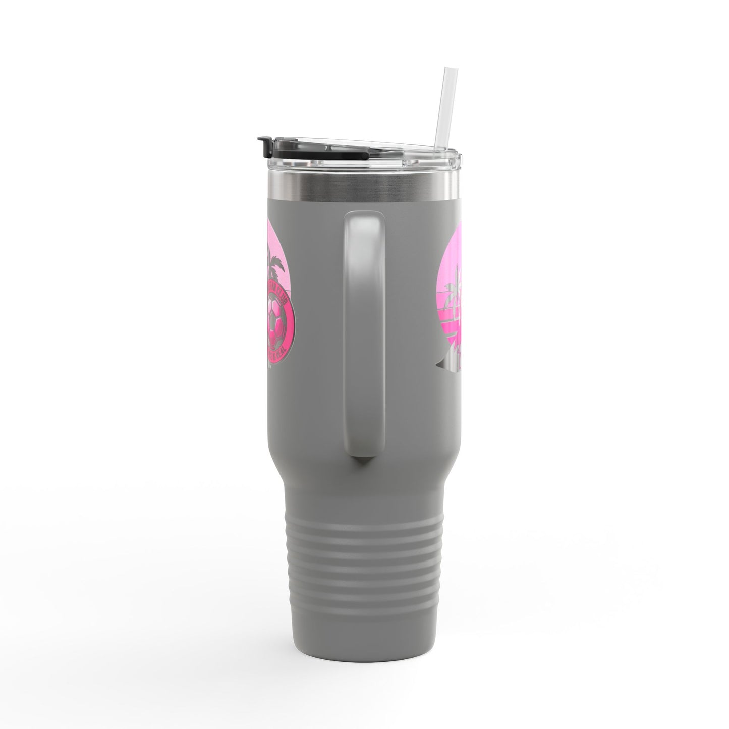 Miami Fan Club Soccer 40oz Insulated Travel Mug — Tropical Pink Sports Tumbler with Handle