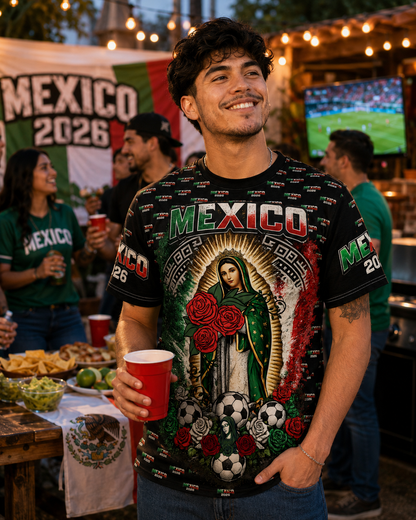 Mexico Soccer Señora de Guadalupe All-Over Print Tee — 2026 Mexican Pride Futbol Fan Shirt