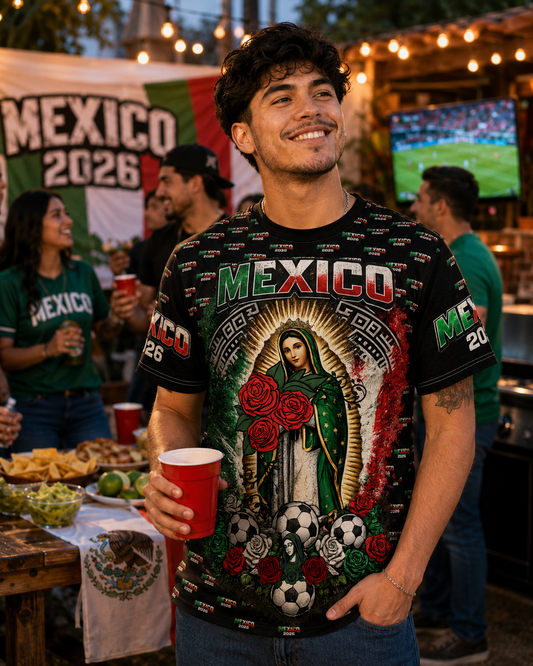 Mexico Soccer Señora de Guadalupe All-Over Print Tee — 2026 Mexican Pride Futbol Fan Shirt