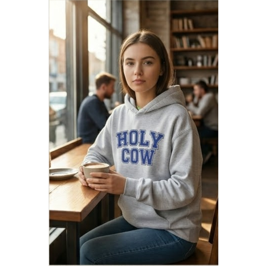 Holy Cow Collegiate Hoodie — Retro Mascot Letterman Style