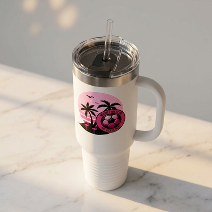 Miami Fan Club Soccer 40oz Insulated Travel Mug — Tropical Pink Sports Tumbler with Handle