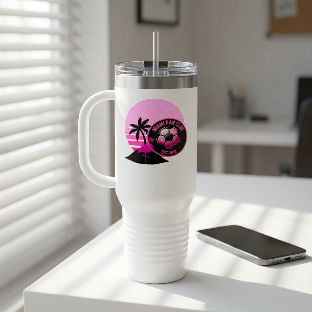 Miami Fan Club Soccer 40oz Insulated Travel Mug — Tropical Pink Sports Tumbler with Handle