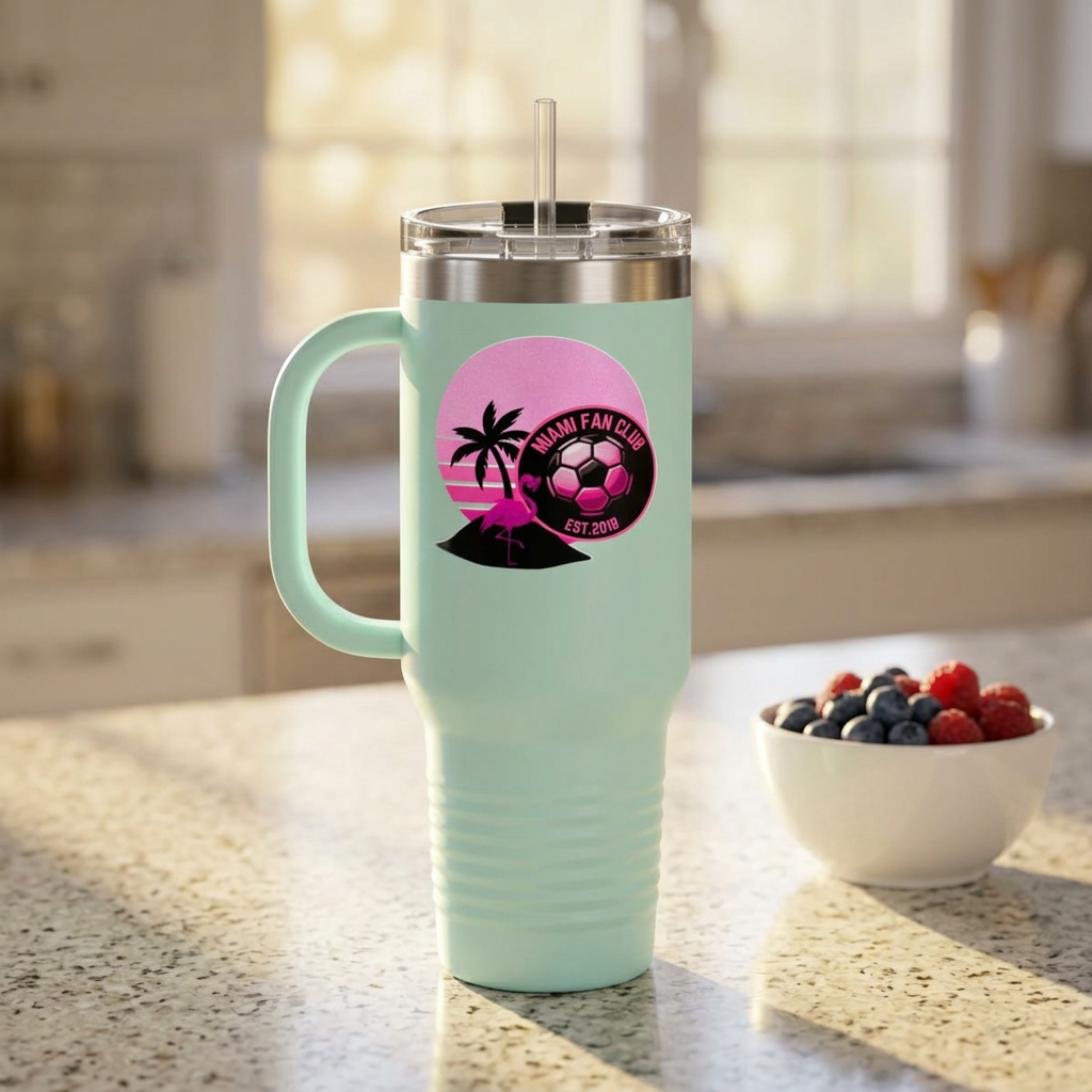Miami Fan Club Soccer 40oz Insulated Travel Mug — Tropical Pink Sports Tumbler with Handle