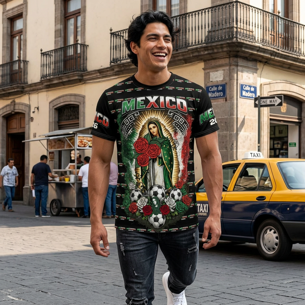Mexico Soccer Señora de Guadalupe All-Over Print Tee — 2026 Mexican Pride Futbol Fan Shirt