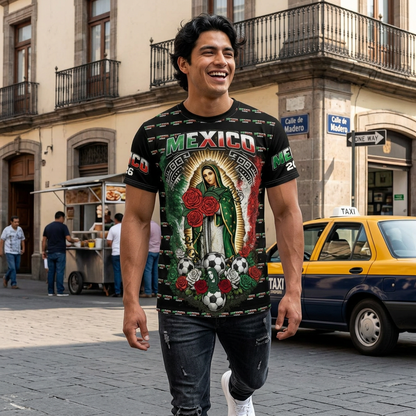 Mexico Soccer Señora de Guadalupe All-Over Print Tee — 2026 Mexican Pride Futbol Fan Shirt