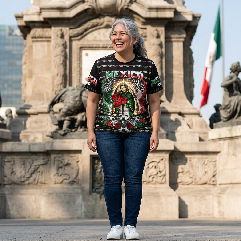 Mexico Soccer Señora de Guadalupe All-Over Print Tee — 2026 Mexican Pride Futbol Fan Shirt