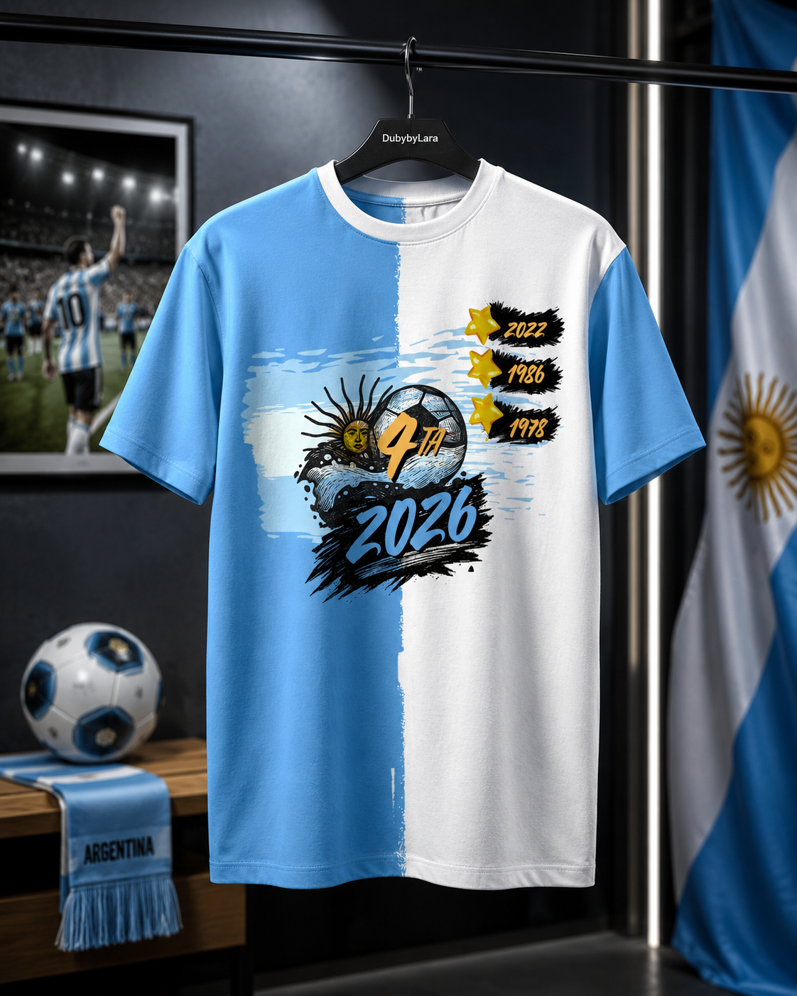 Argentina Soccer Fan Shirt 2026 — Por La 4ta Blue & White Tee