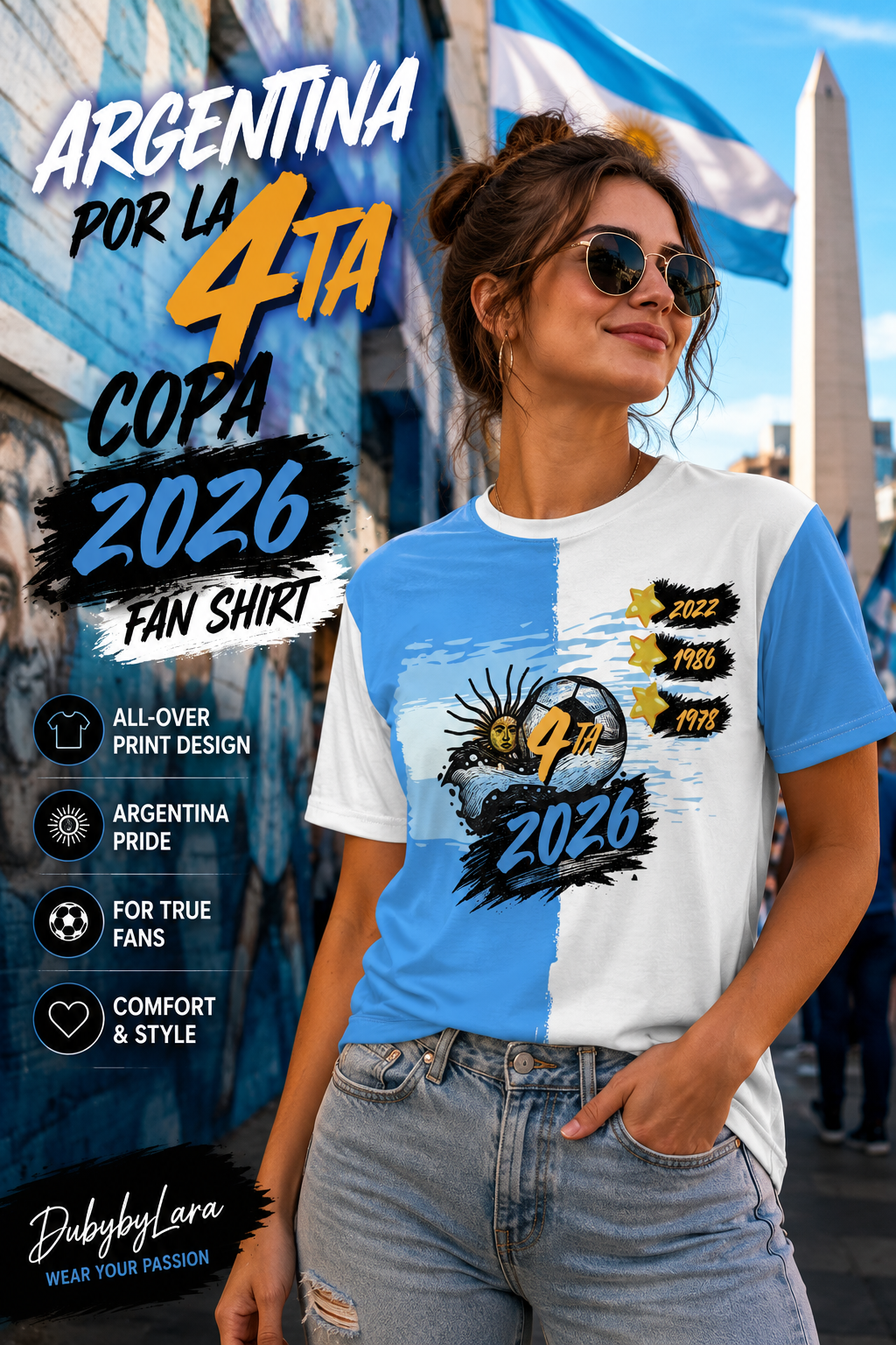 Argentina Soccer Fan Shirt 2026 — Por La 4ta Blue & White Tee
