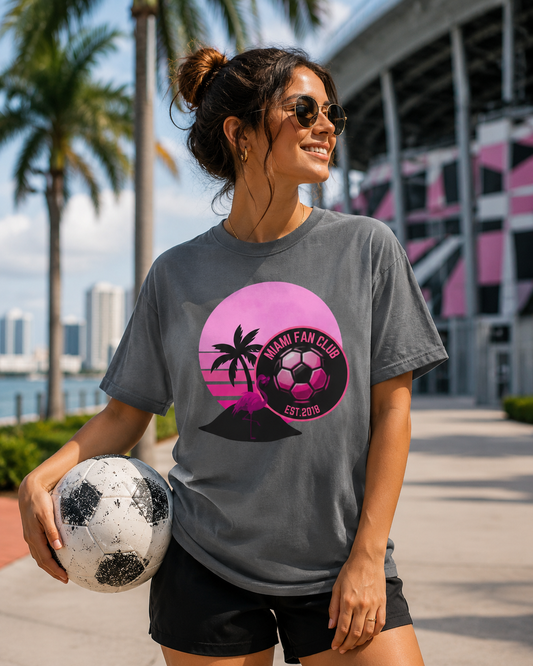 Miami Soccer Fan Club T-Shirt — Retro Pink Flamingo Game Day Tee