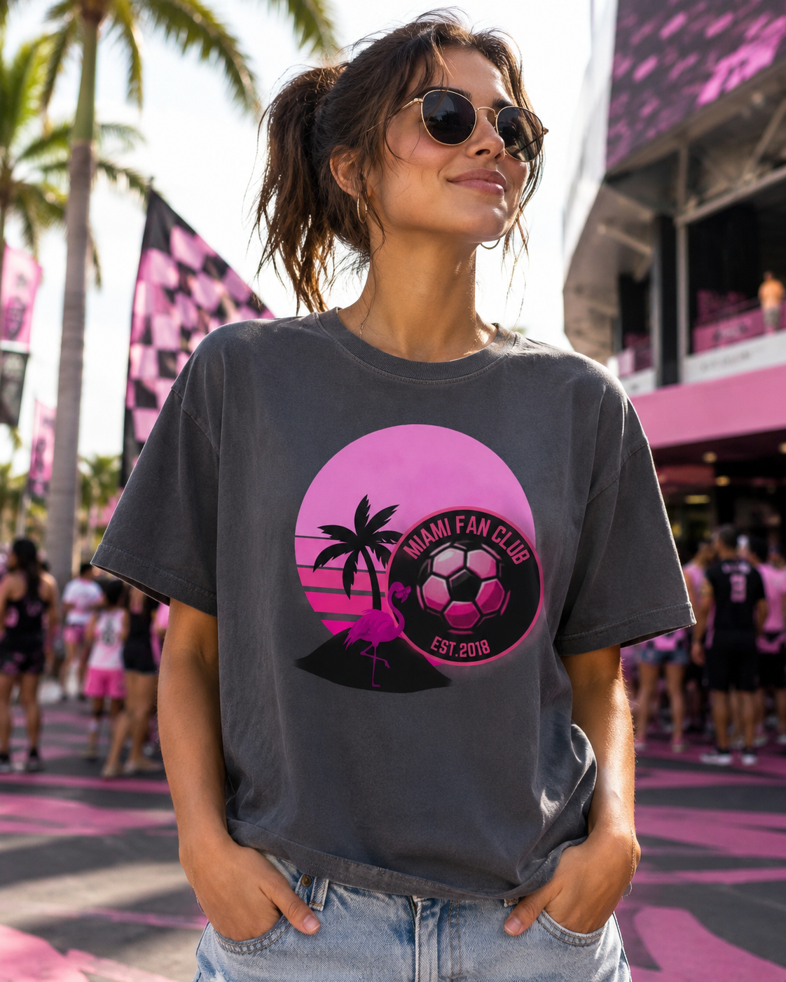 Miami Soccer Fan Club T-Shirt — Retro Pink Flamingo Game Day Tee