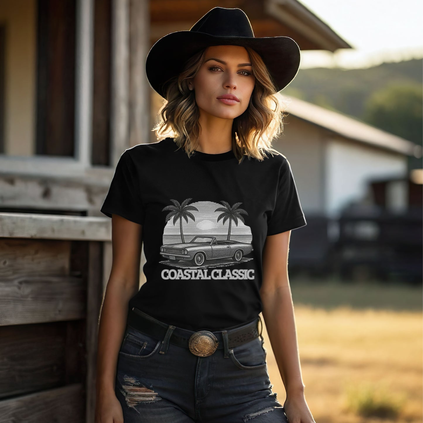 Vintage Convertible Beach T-Shirt — Retro Palm Tree Muscle Car Tee