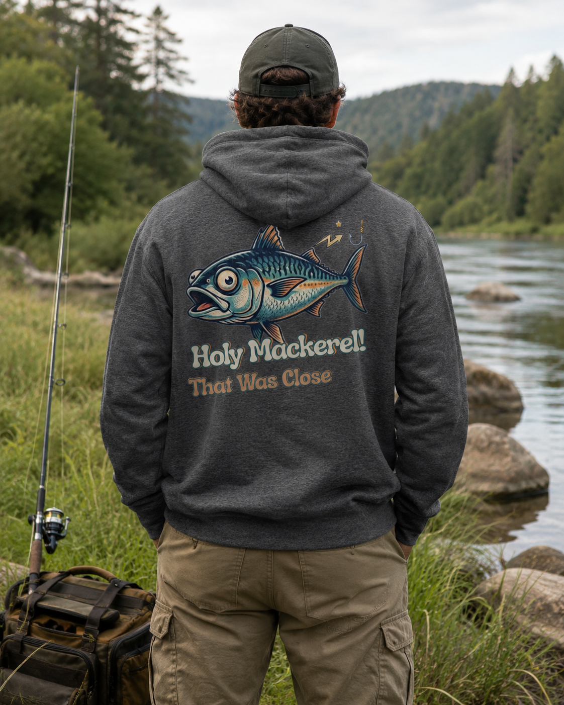 Holy Mackerel Fishing Hoodie — Retro Funny Angler Pullover Sweatshirt