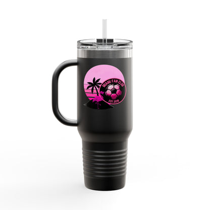 Miami Fan Club Soccer 40oz Insulated Travel Mug — Tropical Pink Sports Tumbler with Handle