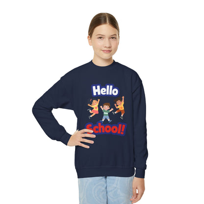 Youth Crewneck Sweatshirt – "Hello School!" Kids Back-to-School Graphic Sweatshirt