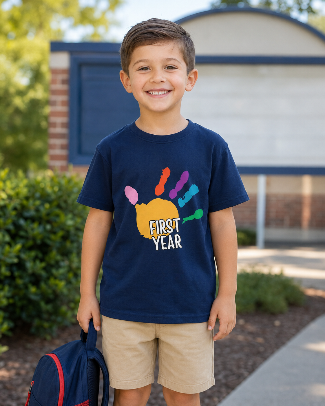 First Year of School Kids T-Shirt — Colorful Handprint Tee