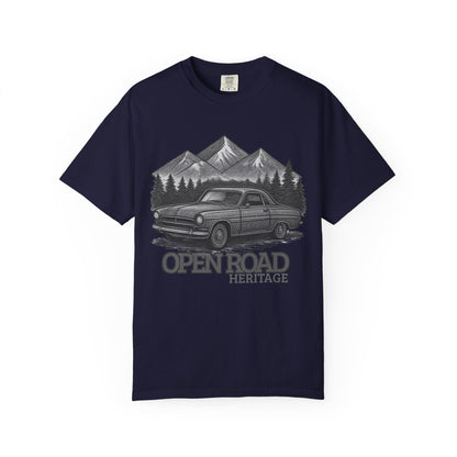 Vintage Open Road Heritage Classic Car Tee — Retro Mountain Driving