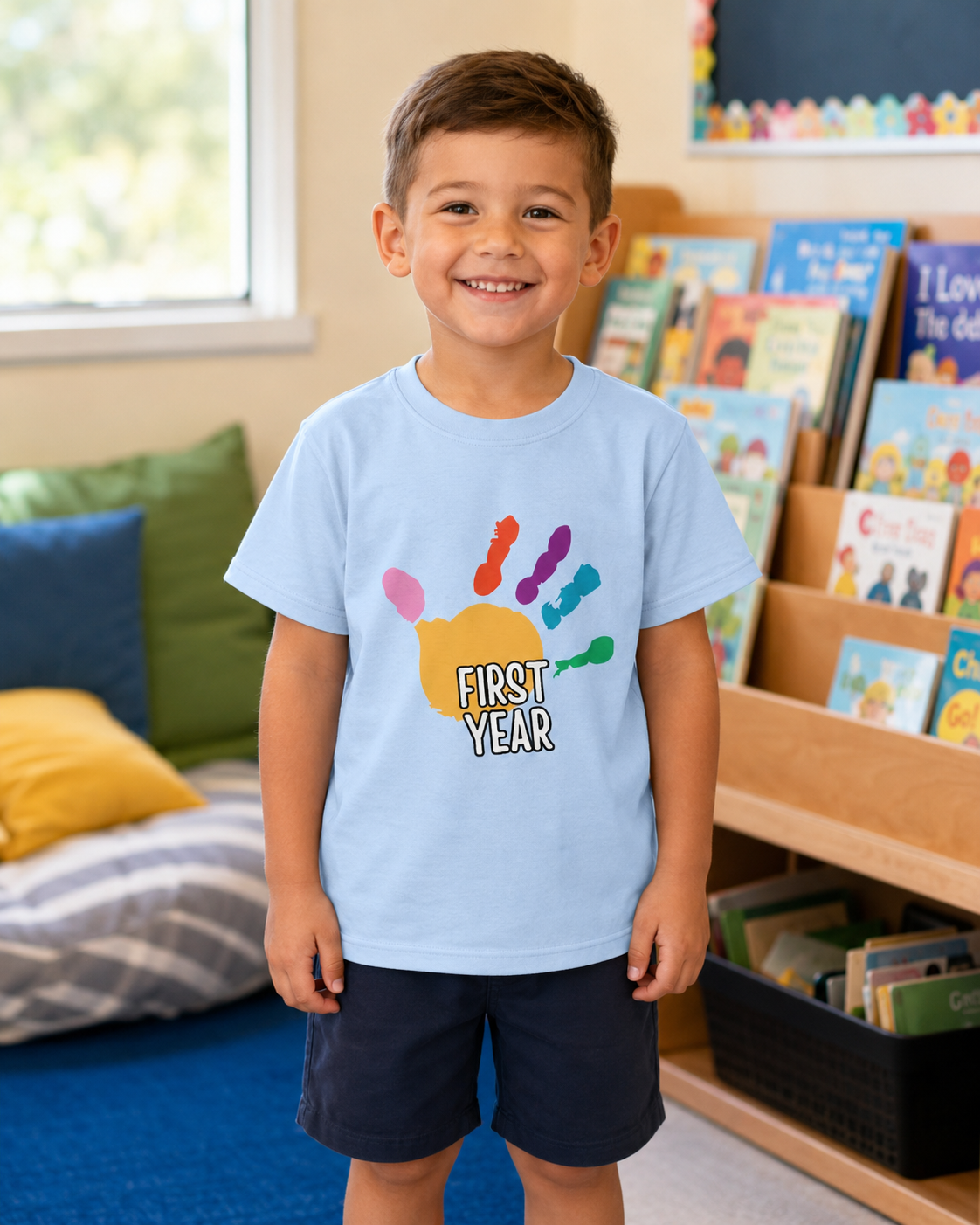 First Year of School Kids T-Shirt — Colorful Handprint Tee