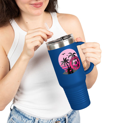 Miami Fan Club Soccer 40oz Insulated Travel Mug — Tropical Pink Sports Tumbler with Handle