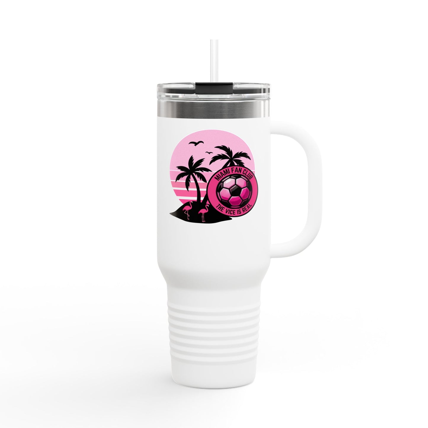 Miami Fan Club Soccer 40oz Insulated Travel Mug — Tropical Pink Sports Tumbler with Handle