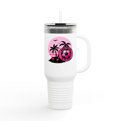 Miami Fan Club Soccer 40oz Insulated Travel Mug — Tropical Pink Sports Tumbler with Handle