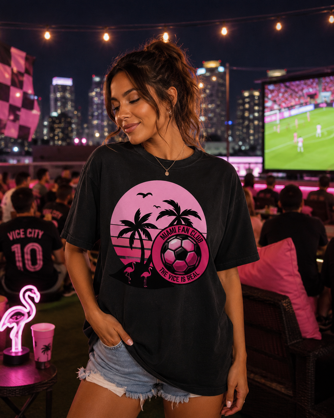 Miami Soccer Fan Club T-Shirt — Retro Pink Sunset Game Day Tee